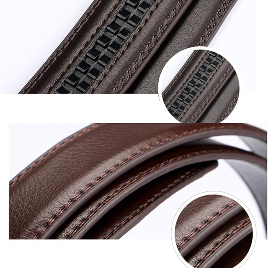 Close-up of a brown leather strap or belt with visible stitching and a textured inner side, shown in a multi-view detail layout with circular magnified insets on a white background.