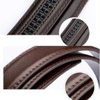 Close-up of a brown leather strap or belt with visible stitching and a textured inner side, shown in a multi-view detail layout with circular magnified insets on a white background.