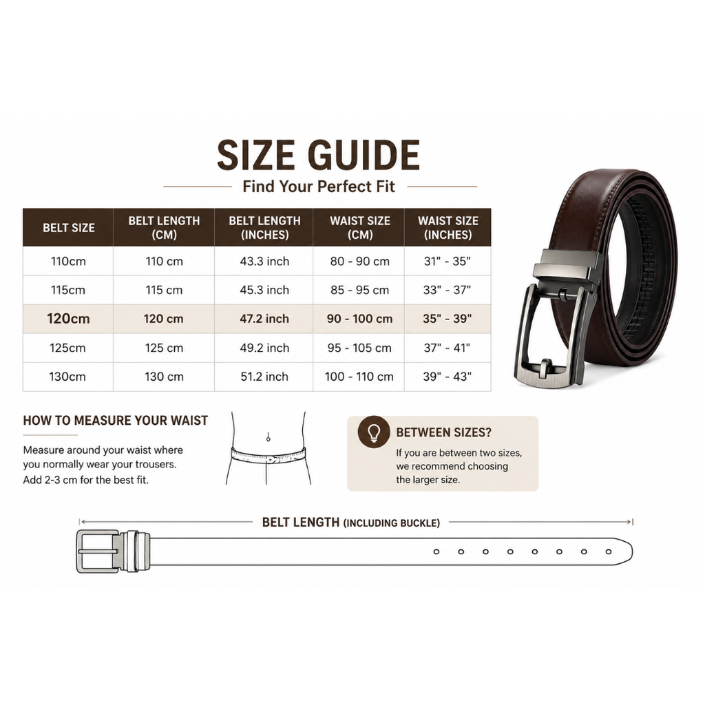 A size guide infographic for a leather belt, showing a size chart table from 110cm to 139cm with belt length, waist size, and belt size conversions, alongside a brown leather belt with a silver buckle, a waist measurement diagram, and a belt length diagram on a white background.