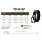 A size guide infographic for a leather belt, showing a size chart table from 110cm to 139cm with belt length, waist size, and belt size conversions, alongside a brown leather belt with a silver buckle, a waist measurement diagram, and a belt length diagram on a white background.