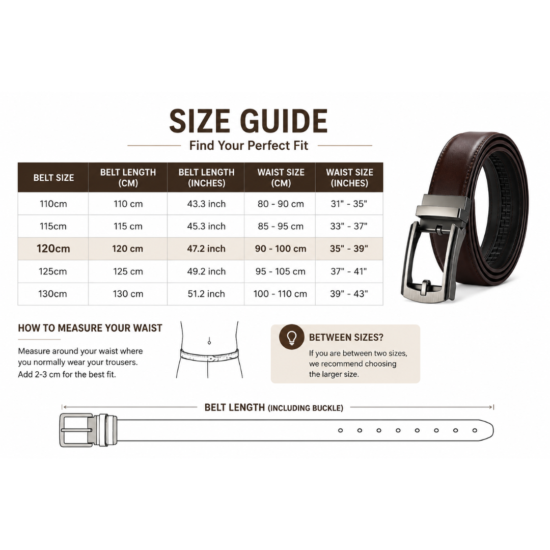 A size guide infographic for a leather belt, showing a size chart table from 110cm to 139cm with belt length, waist size, and belt size conversions, alongside a brown leather belt with a silver buckle, a waist measurement diagram, and a belt length diagram on a white background.