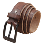 A rolled brown leather belt with a dark metal buckle, shown on a plain white background.