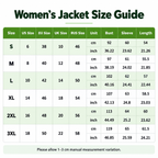 Shared - A size guide table for women's jackets with columns for Size, US Size, EU Size, UK Size, RUS Size, Unit, Bust, Sleeve, and Length. The table lists sizes S through 3XL with measurements in cm and inches.