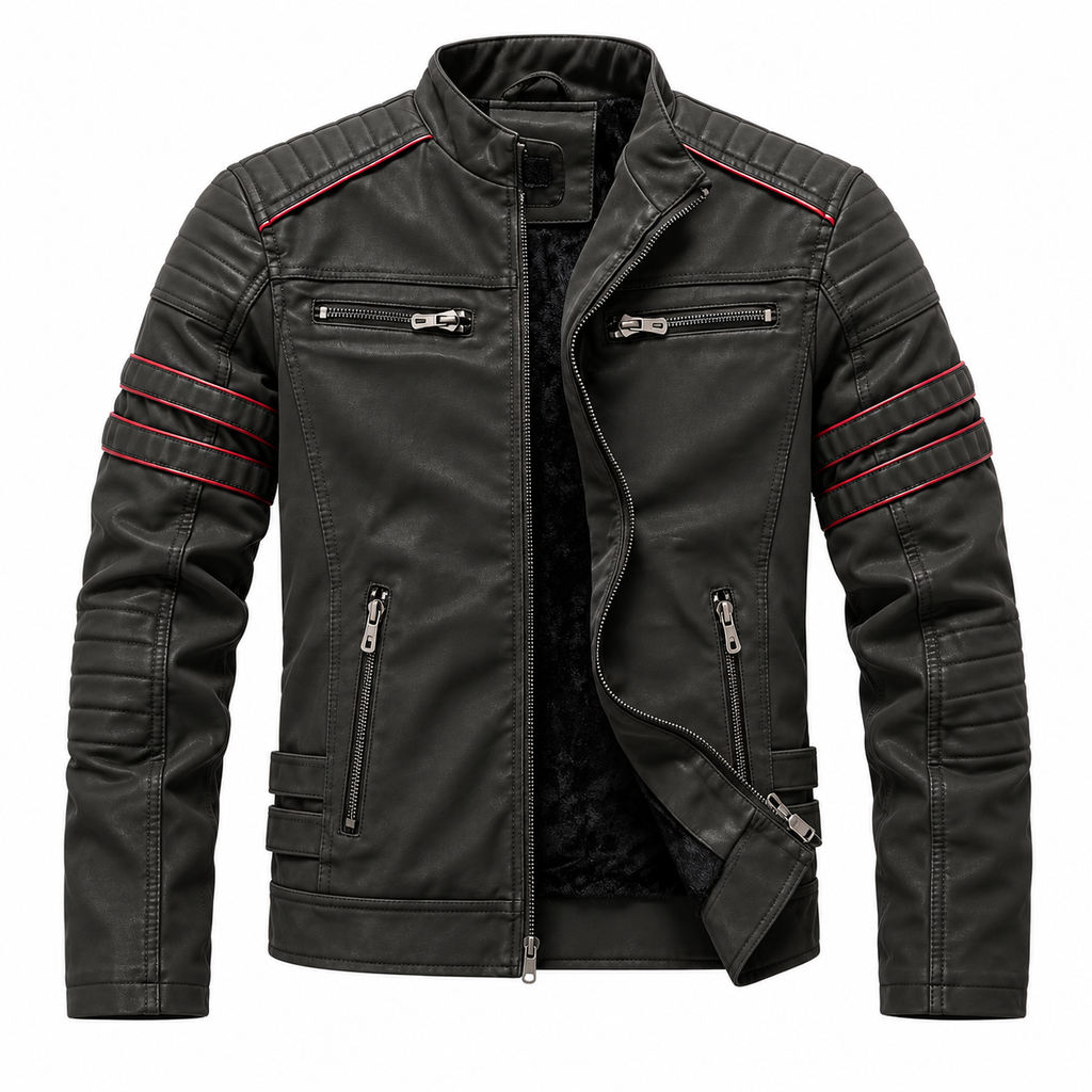 Army Green - A black faux leather motorcycle jacket with red contrast stitching details on the shoulders and sleeves, featuring multiple zippered pockets and a high collar, shown on a plain white background.