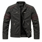 Army Green - A black faux leather motorcycle jacket with red contrast stitching details on the shoulders and sleeves, featuring multiple zippered pockets and a high collar, shown on a plain white background.