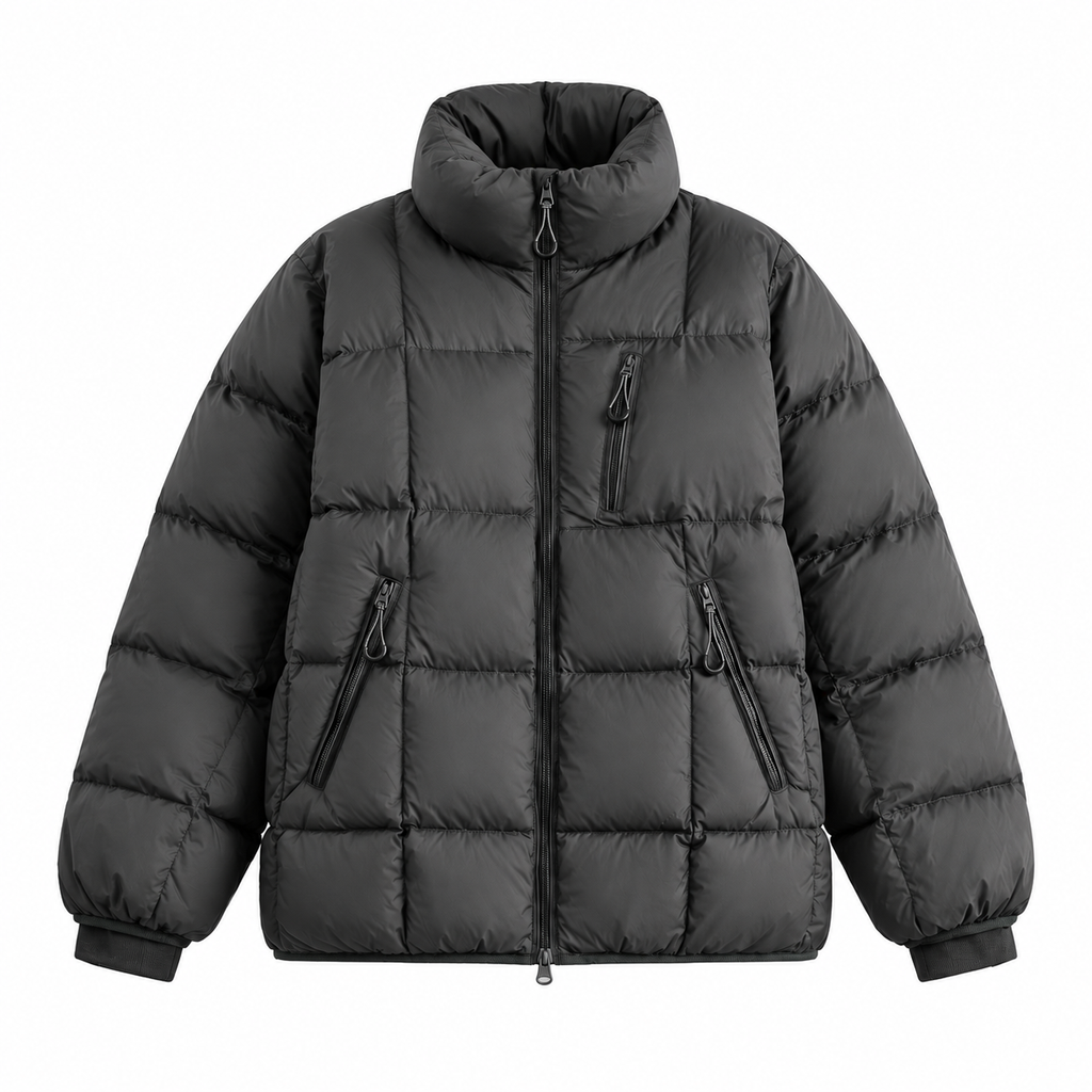 Dark Gray - A dark gray puffer jacket with a high stand-up collar, full-length front zipper, and multiple zippered pockets, shown against a plain white background.