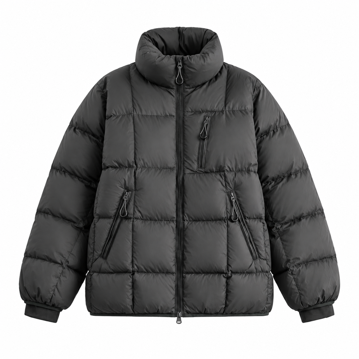 Dark Gray - A dark gray puffer jacket with a high stand-up collar, full-length front zipper, and multiple zippered pockets, shown against a plain white background.
