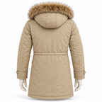 Khaki - A beige hooded winter parka shown from the back on a mannequin, featuring a brown faux-fur trimmed hood and a belted waist, against a plain white background.