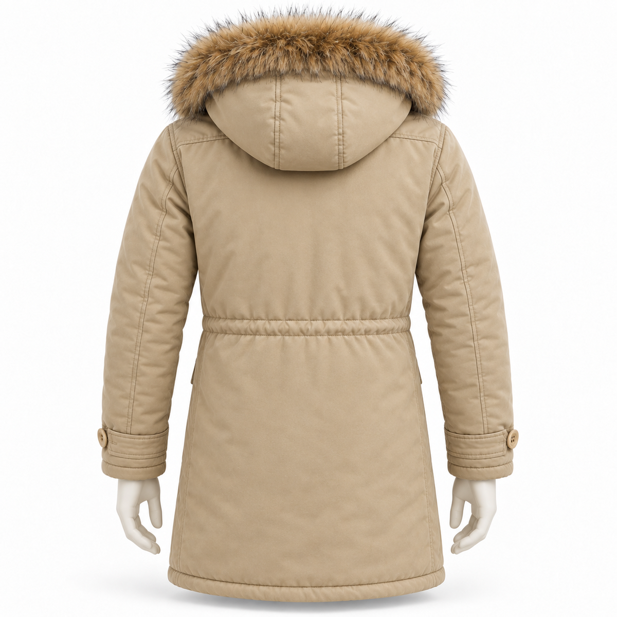 Khaki - A beige hooded winter parka shown from the back on a mannequin, featuring a brown faux-fur trimmed hood and a belted waist, against a plain white background.