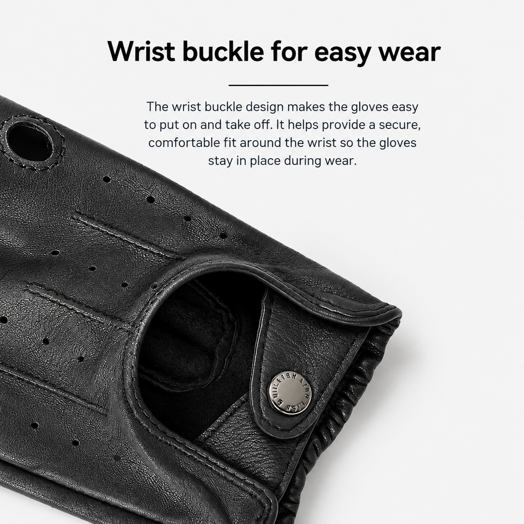 Close-up of a black leather glove with a metal wrist buckle closure, shown on a light gray background with explanatory text about easy wear.
