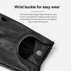 Close-up of a black leather glove with a metal wrist buckle closure, shown on a light gray background with explanatory text about easy wear.