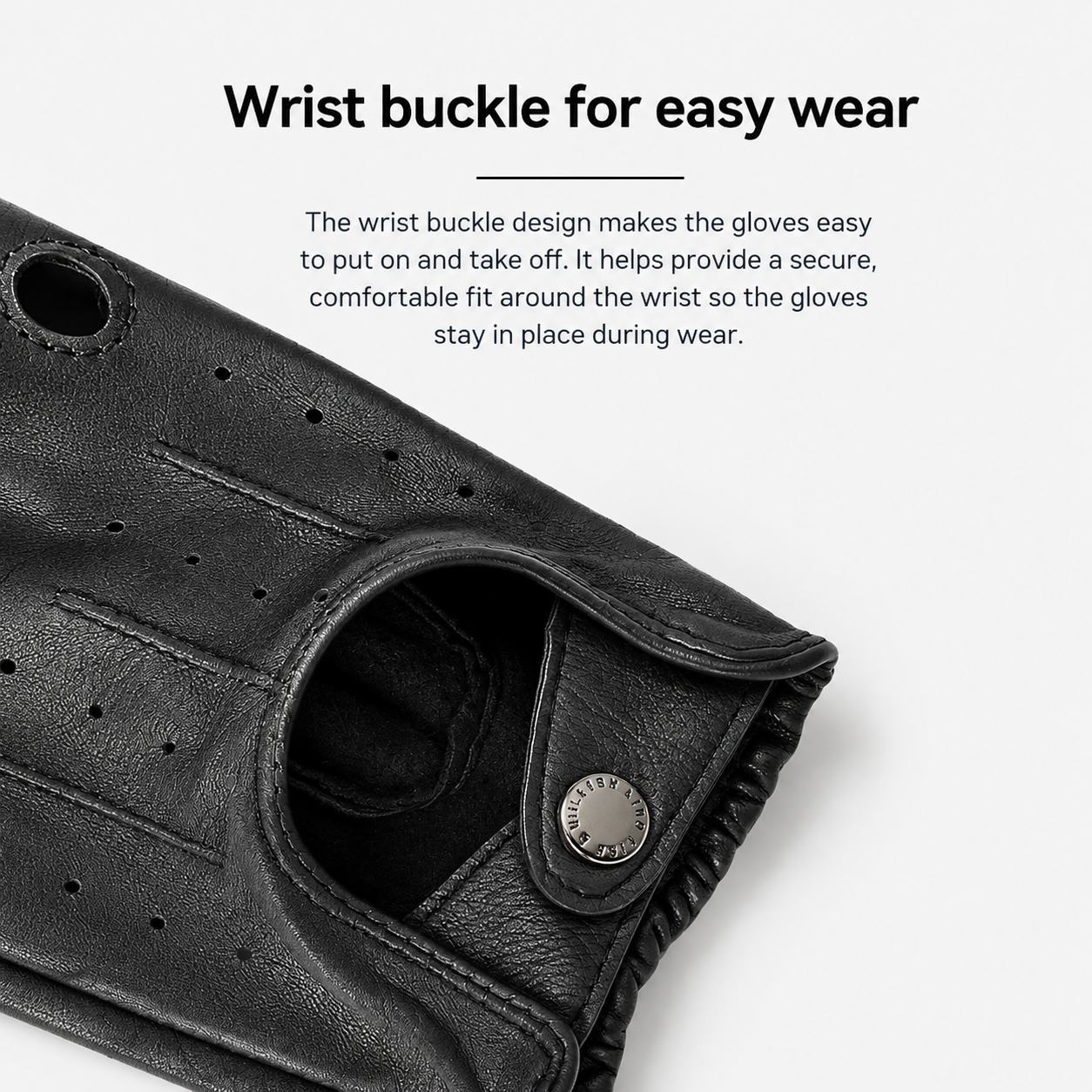Close-up of a black leather glove with a metal wrist buckle closure, shown on a light gray background with explanatory text about easy wear.