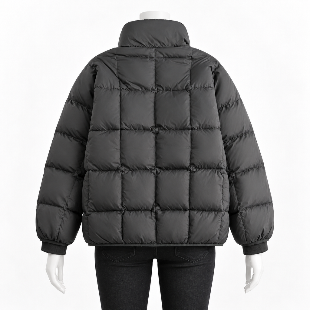 Dark Gray - A dark gray puffer jacket with a high collar and horizontal quilted stitching, shown from the back on a mannequin against a plain white background.