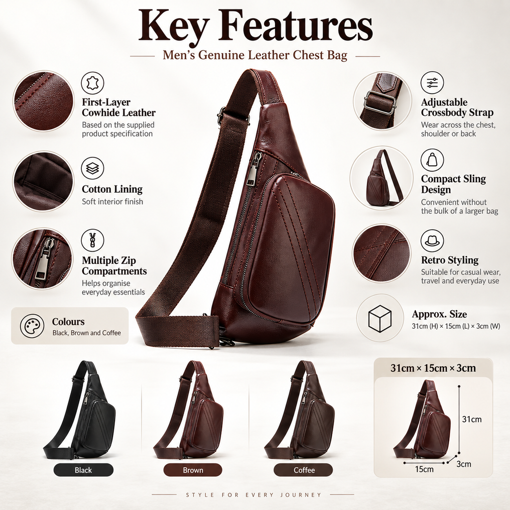 Men’s Genuine Cowhide Leather Crossbody Chest Bag – Retro Sling Shoulder Bag