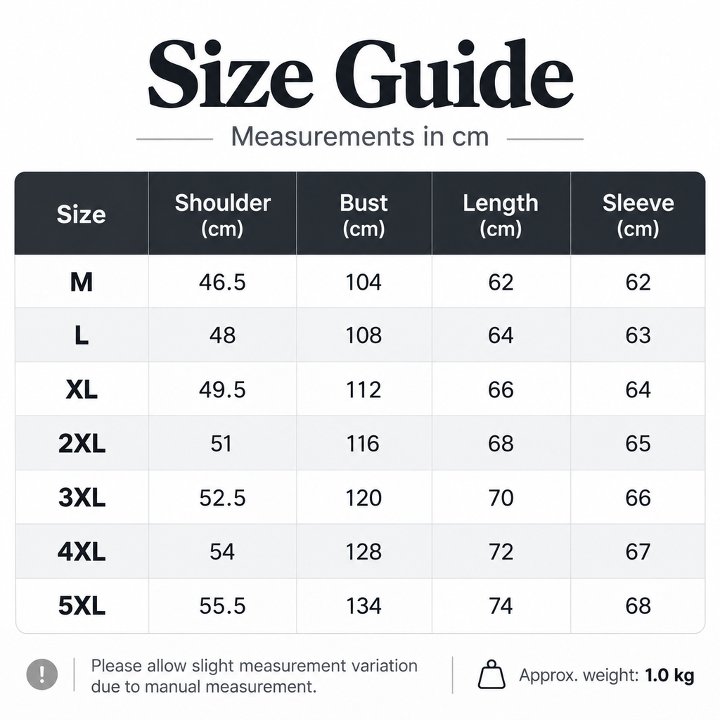 Shared - A size guide chart showing measurements in centimeters for clothing sizes M through 5XL, with columns for shoulder, bust, length, and sleeve. The chart includes a note about slight measurement variation and approximate weight 1.
