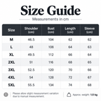 Shared - A size guide chart showing measurements in centimeters for clothing sizes M through 5XL, with columns for shoulder, bust, length, and sleeve. The chart includes a note about slight measurement variation and approximate weight 1.