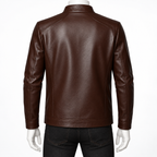 Dark Brown - A dark brown faux leather jacket shown from the back on a mannequin wearing black jeans, against a plain white background.