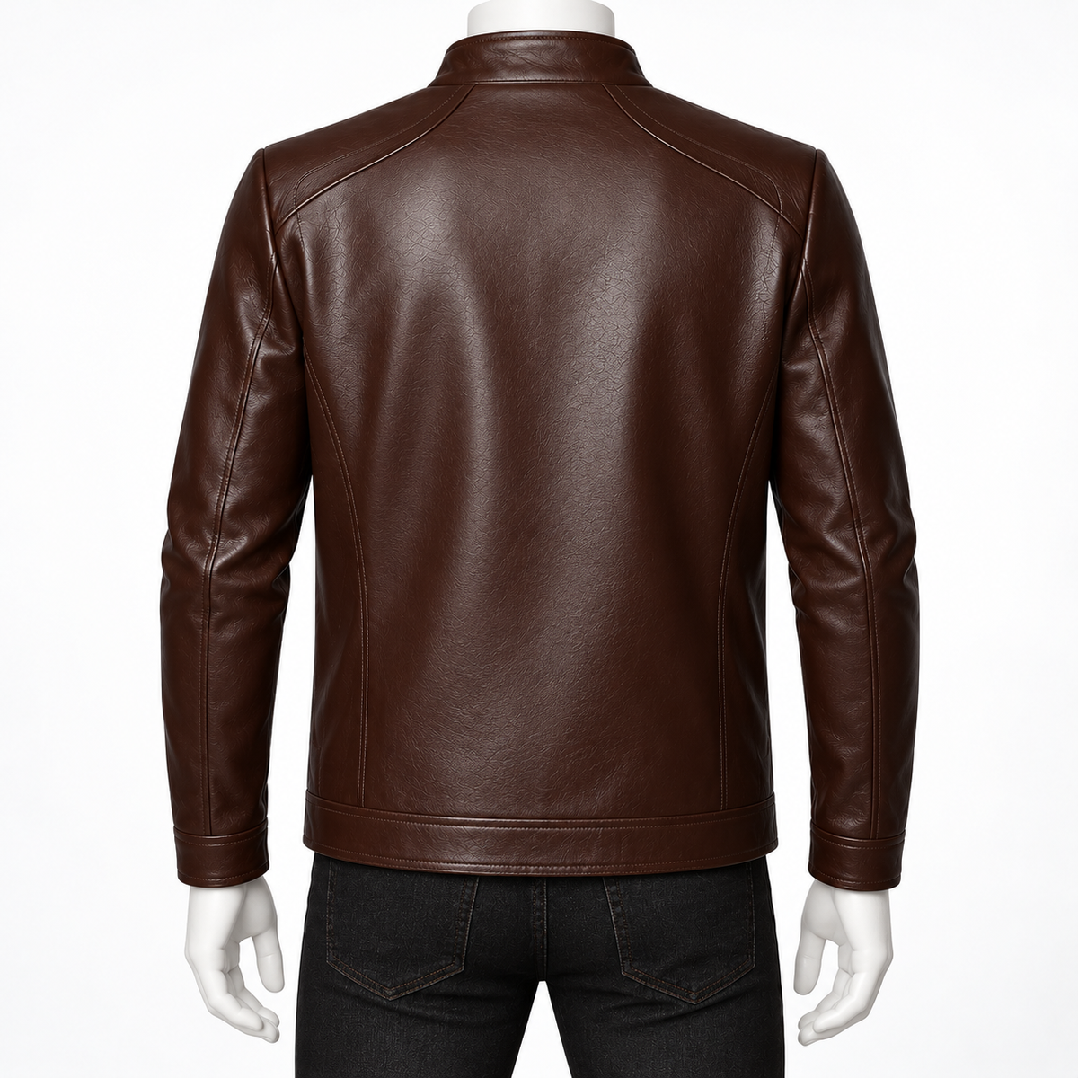 Dark Brown - A dark brown faux leather jacket shown from the back on a mannequin wearing black jeans, against a plain white background.
