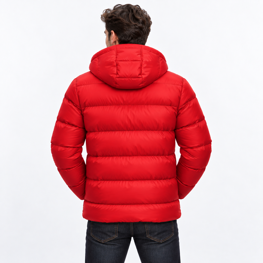 Red - A man viewed from behind wearing a bright red hooded puffer jacket and dark blue jeans against a plain white studio background.