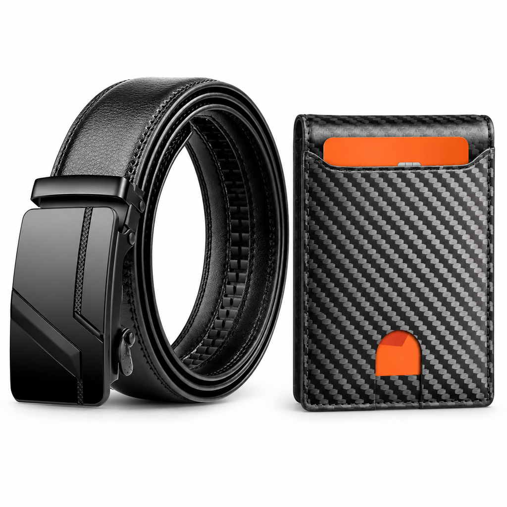 Men’s Black Automatic Belt & Carbon-Style Wallet Bundle — belt and wallet together