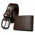 Men’s Brown Leather Pin Buckle Belt & Wallet Bundle — one belt and one leather wallet