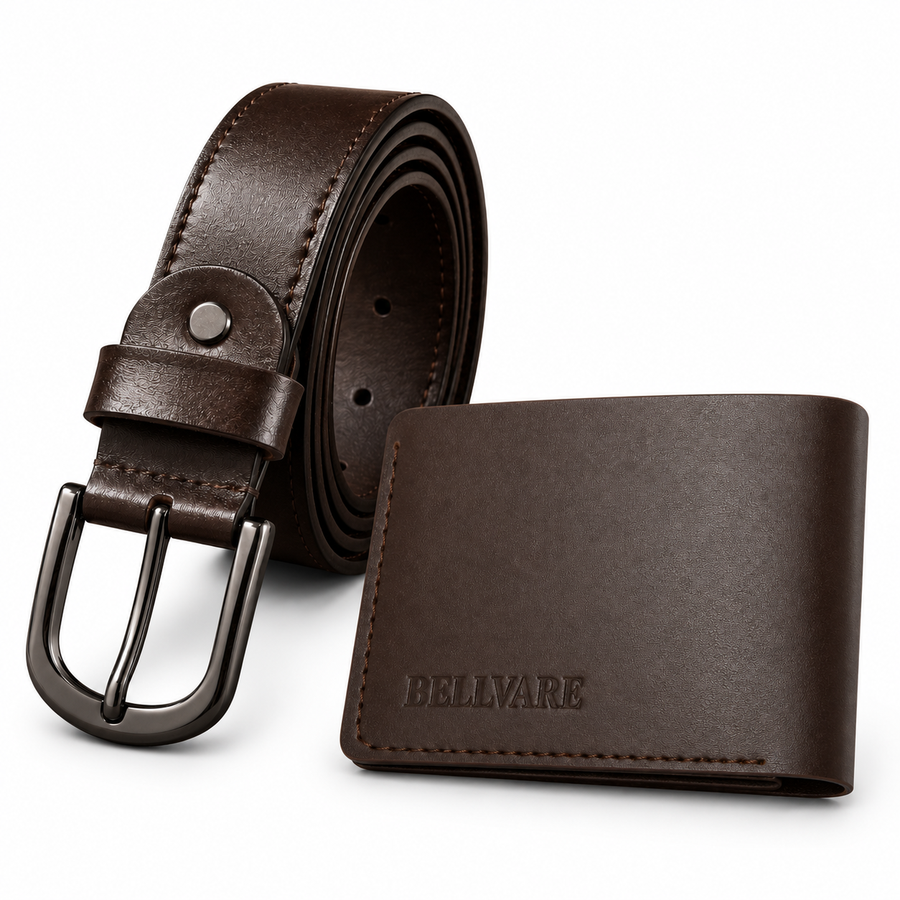 Men’s Brown Leather Pin Buckle Belt & Wallet Bundle