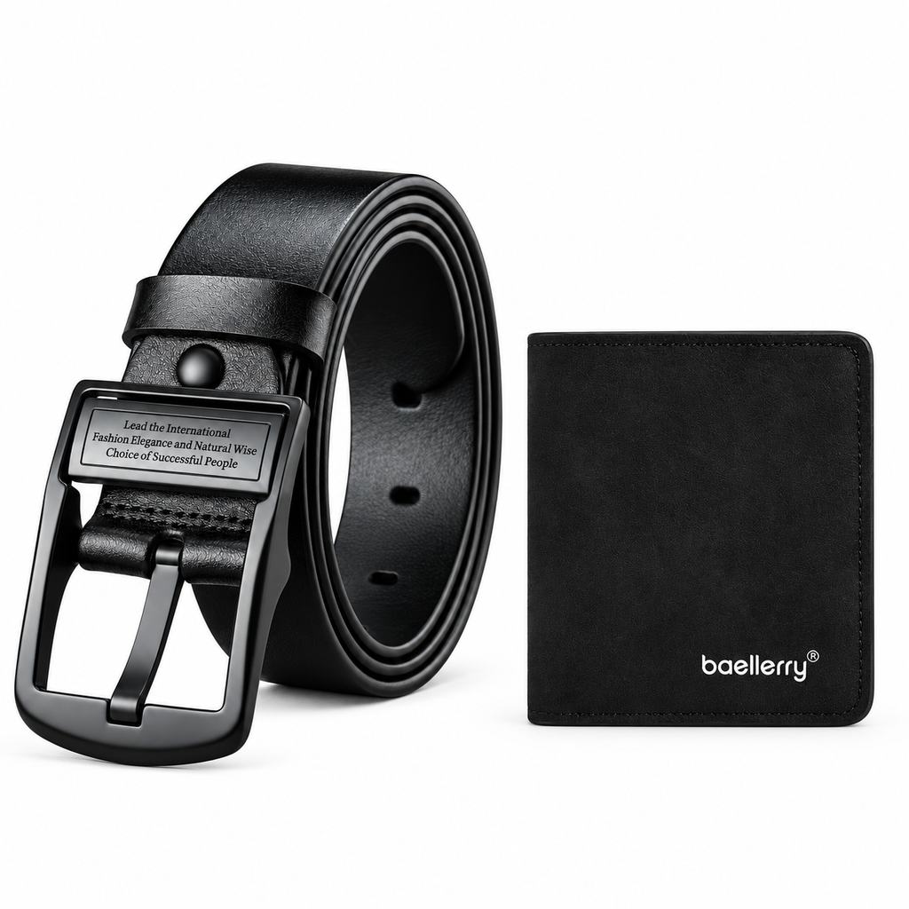 Men’s Black Pin Buckle Belt & Coin Pocket Wallet Bundle — belt and wallet together