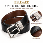 Bellvare reversible black and brown belt showing the rotating silver-tone pin buckle and stitched edges.