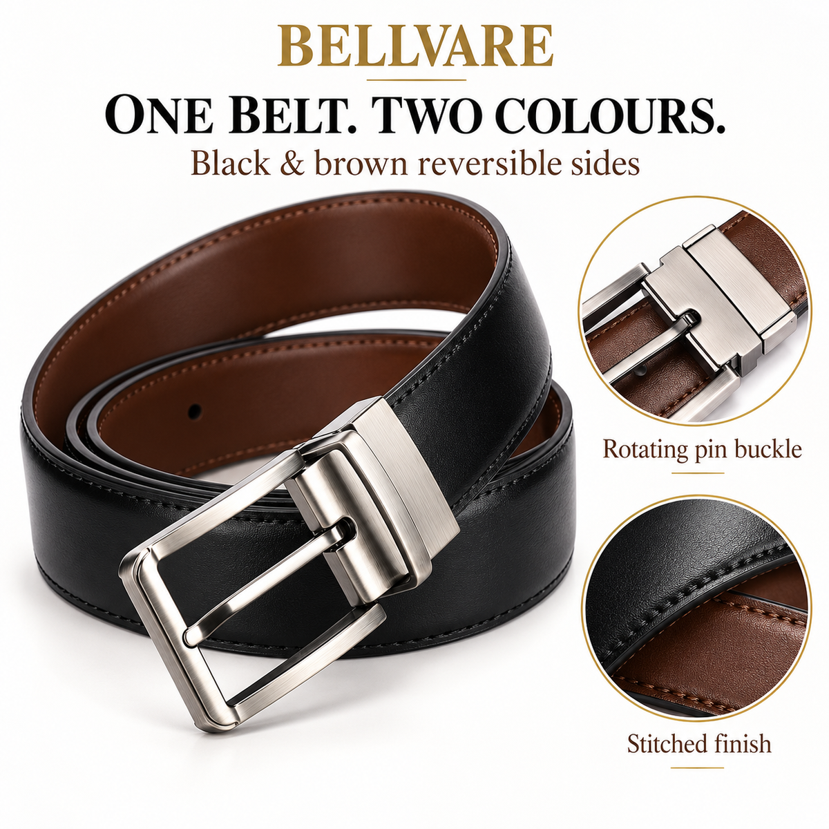 Bellvare reversible black and brown belt showing the rotating silver-tone pin buckle and stitched edges.