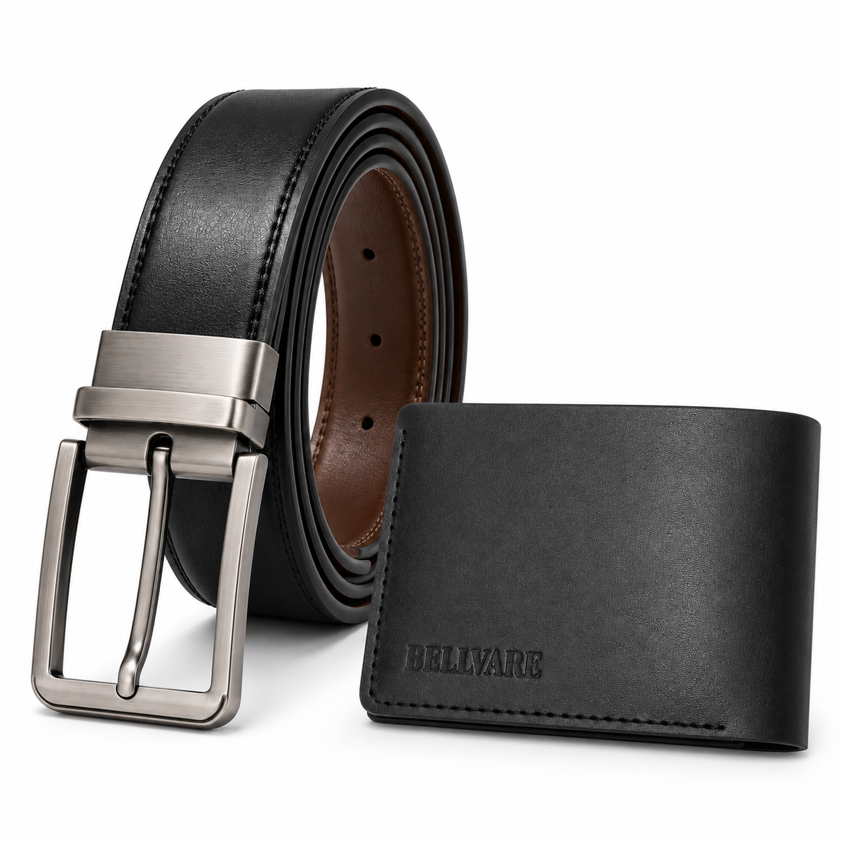 Men’s Reversible Leather Belt & Black Wallet Bundle — one belt and one leather wallet