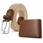 Men’s Beige Woven Stretch Belt & Leather Wallet Bundle — one belt and one leather wallet