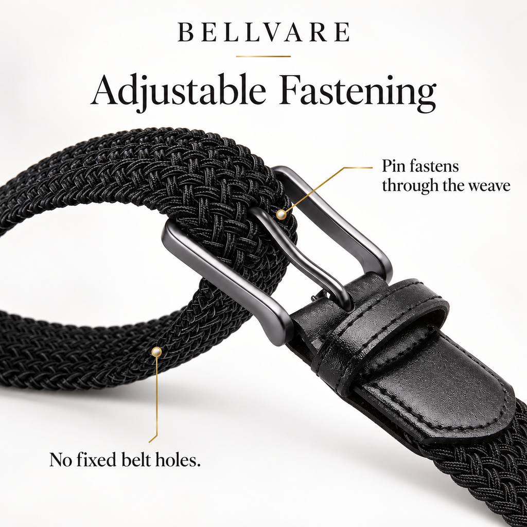 Black woven belt showing the buckle pin fastening through the braid without fixed belt holes.