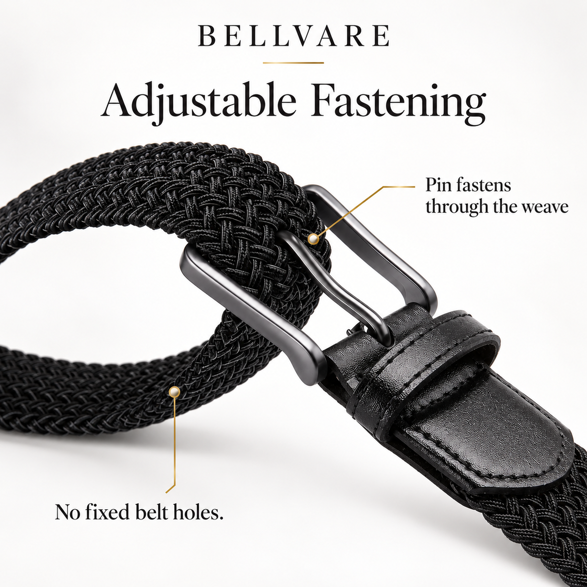 Black woven belt showing the buckle pin fastening through the braid without fixed belt holes.