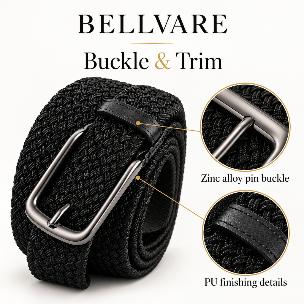Coiled black woven belt with close-ups of the zinc alloy pin buckle and stitched PU trim.