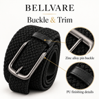 Coiled black woven belt with close-ups of the zinc alloy pin buckle and stitched PU trim.