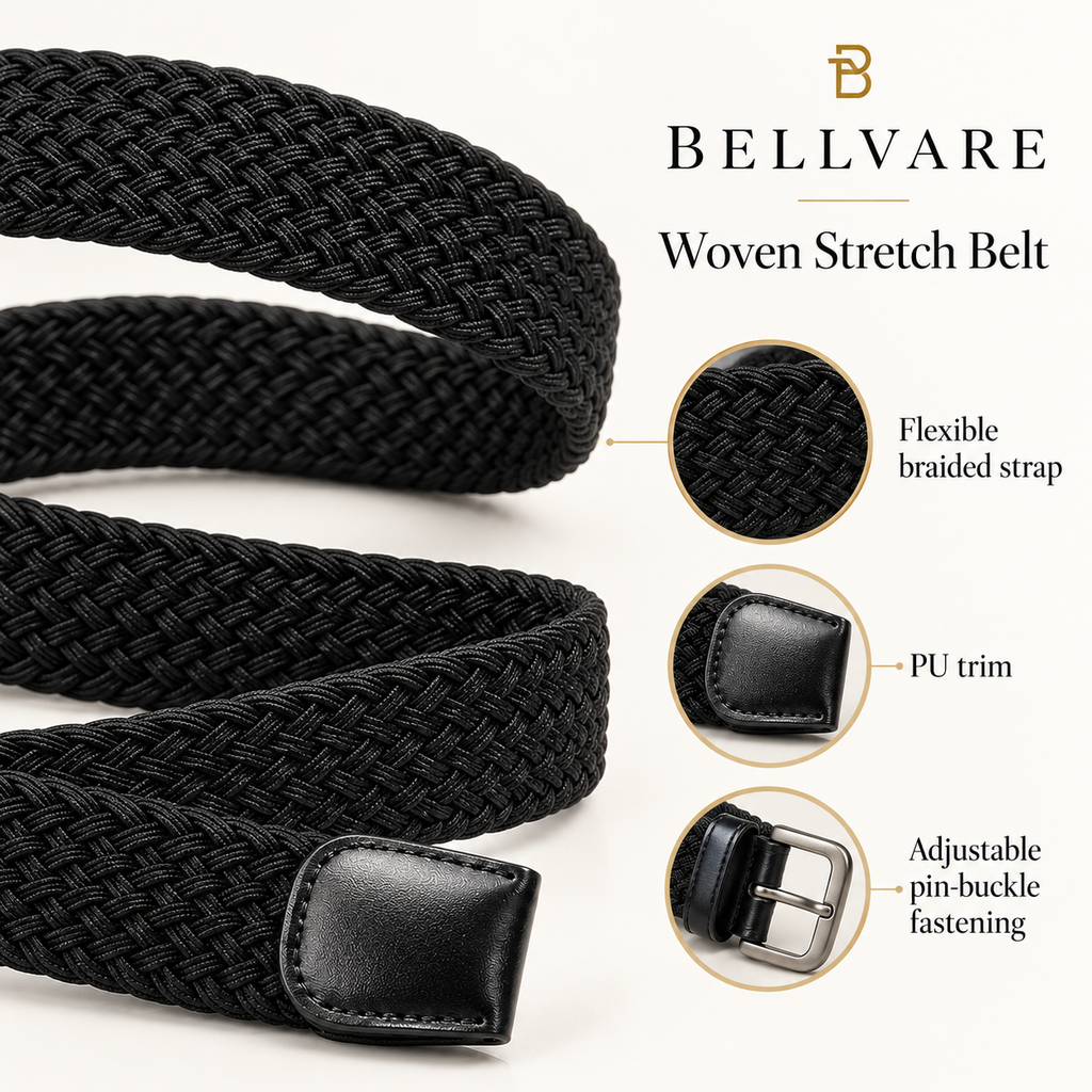 Bellvare black woven stretch belt showing the braided strap, PU trim and adjustable pin buckle.