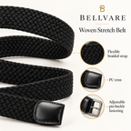 Bellvare black woven stretch belt showing the braided strap, PU trim and adjustable pin buckle.