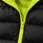 Green - Close-up of a black puffer jacket with a bright neon yellow-green zipper and matching inner lining.