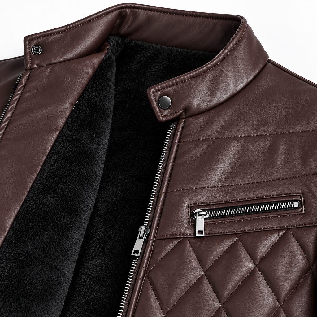 Brown - Close-up of a brown faux-leather jacket with a black sherpa lining, featuring a quilted chest panel, a zippered pocket, and a collar with a snap tab.