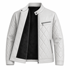 Off White - A white faux-leather jacket with diamond-quilted panels, a stand collar, and a black fleece lining, shown on a plain white background.
