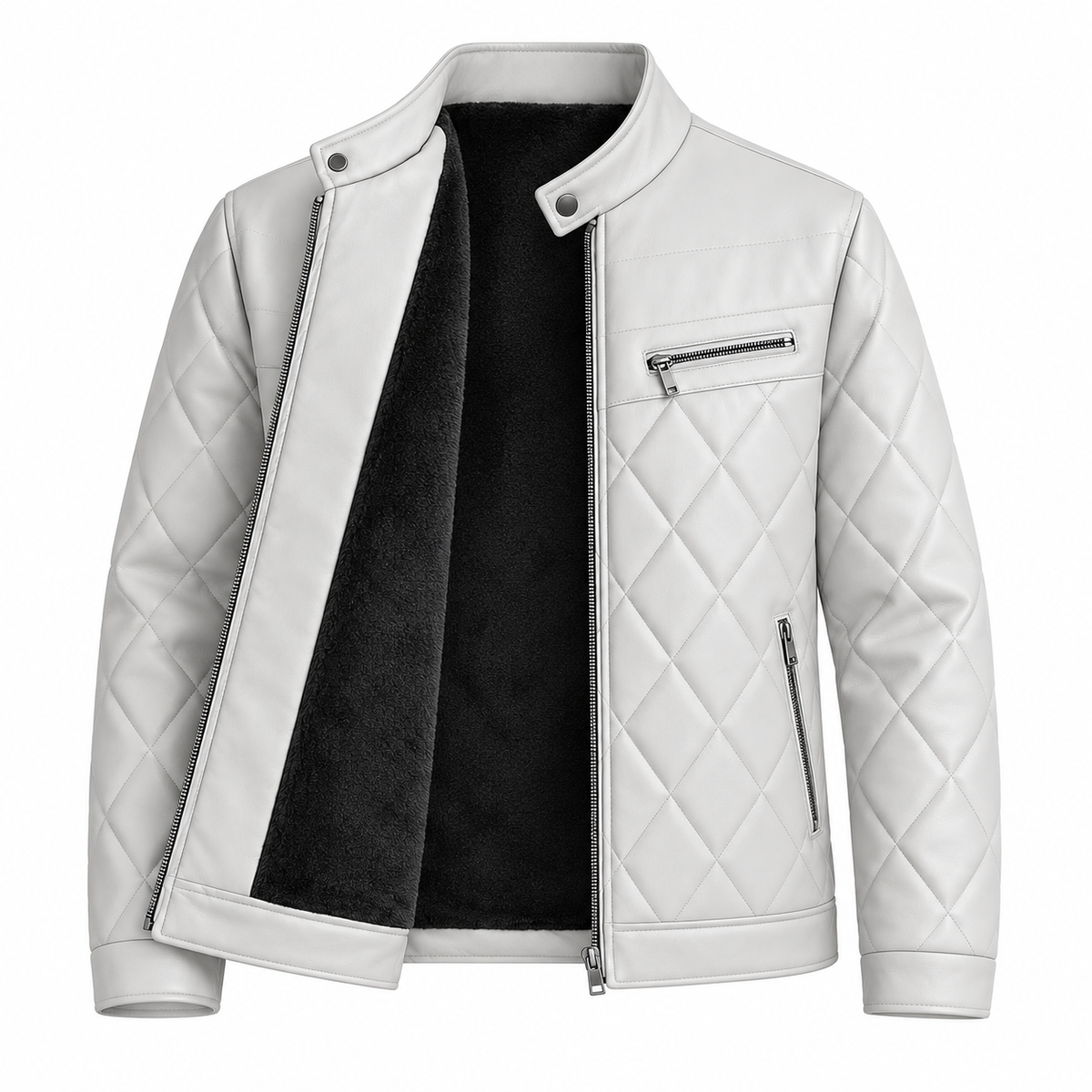 Off White - A white faux-leather jacket with diamond-quilted panels, a stand collar, and a black fleece lining, shown on a plain white background.