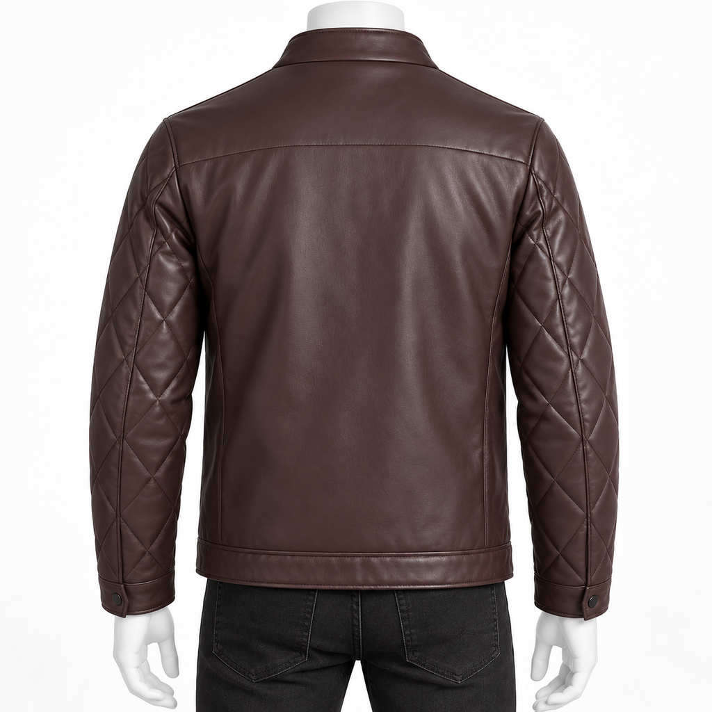 Brown - A dark brown leather jacket with quilted sleeves, shown from the back on a mannequin wearing black jeans against a white background.