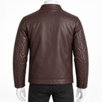 Brown - A dark brown leather jacket with quilted sleeves, shown from the back on a mannequin wearing black jeans against a white background.