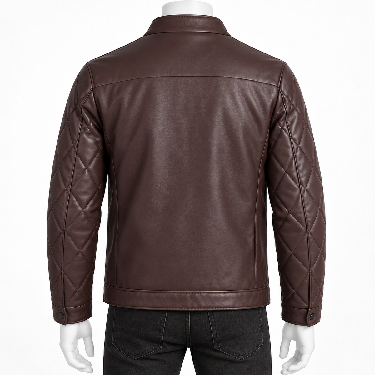 Brown - A dark brown leather jacket with quilted sleeves, shown from the back on a mannequin wearing black jeans against a white background.