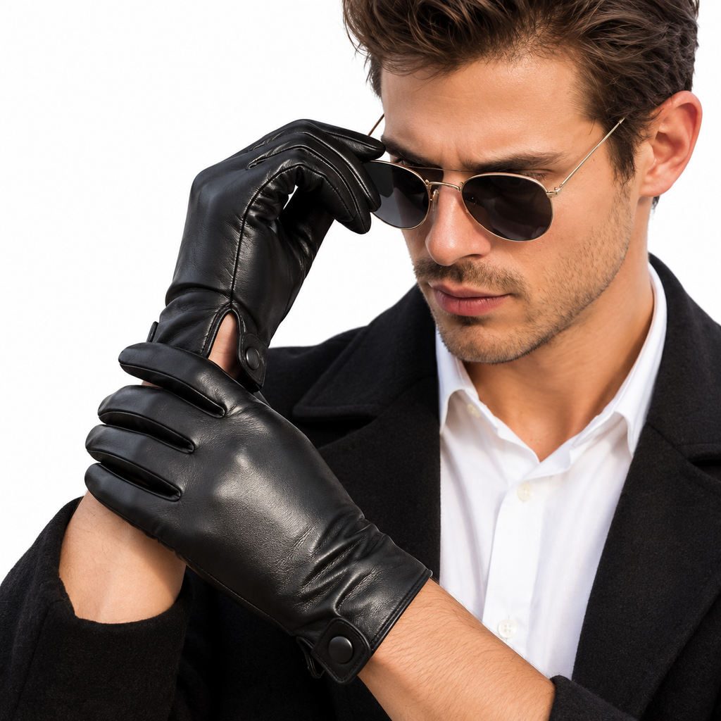 A man wearing black leather gloves, black sunglasses, a white dress shirt, and a black blazer, posing against a solid white background.