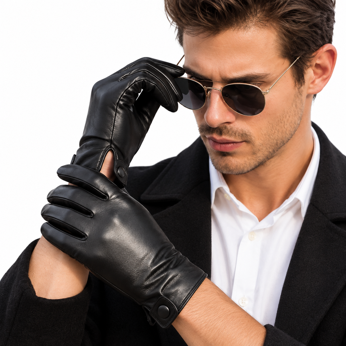 A man wearing black leather gloves, black sunglasses, a white dress shirt, and a black blazer, posing against a solid white background.