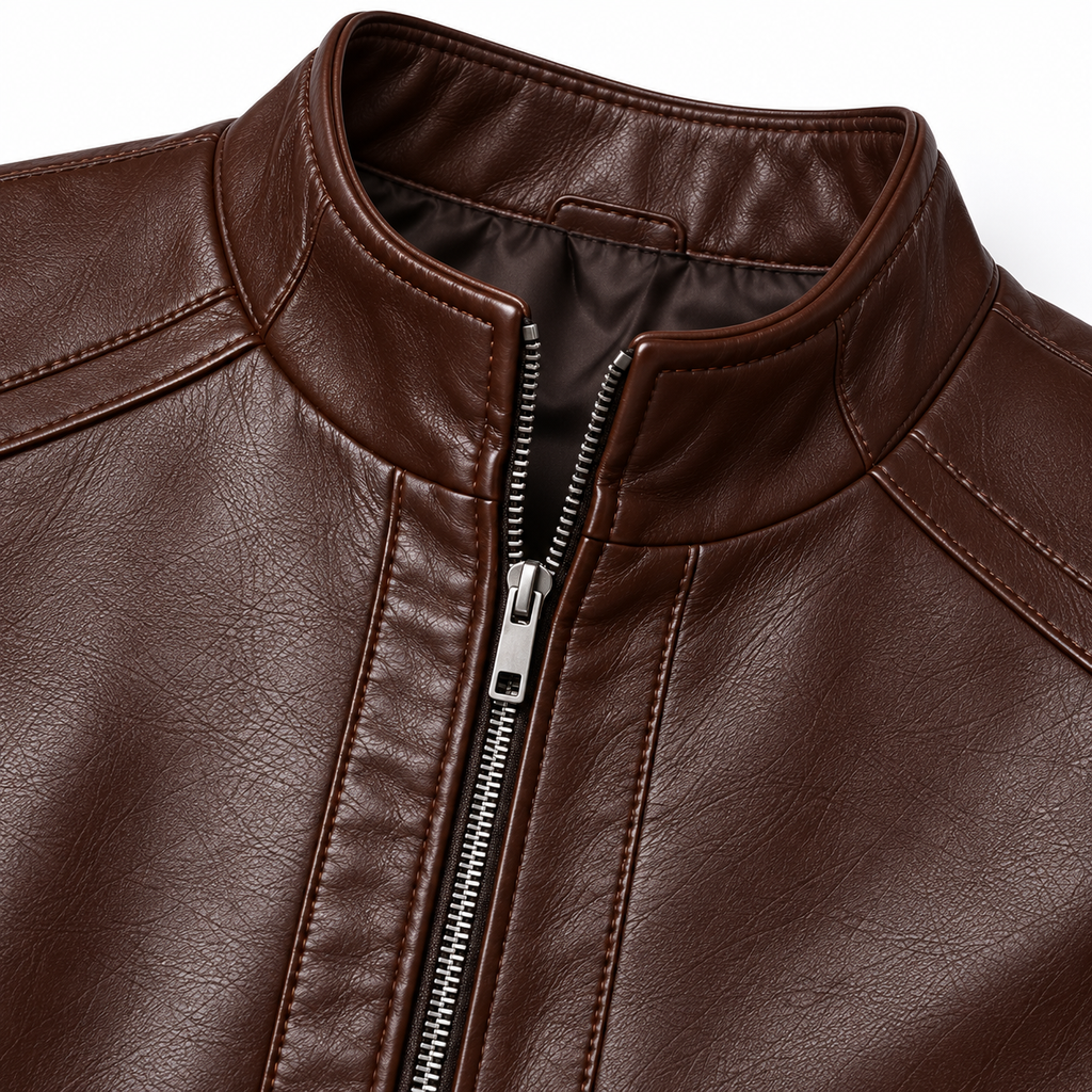 Dark Brown - Close-up of a brown faux-leather jacket with a stand collar and a silver zipper.