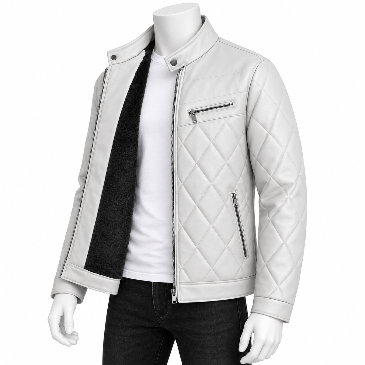 Off White - A light gray quilted faux-leather jacket with a black fleece lining, styled on a white mannequin torso over a white t-shirt and black jeans.