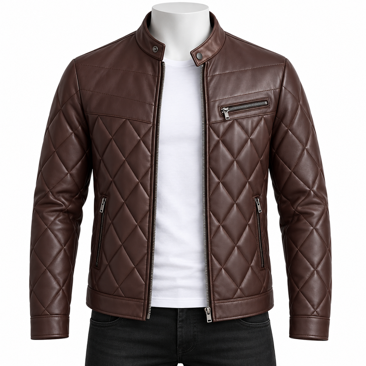 Brown - A men's brown quilted faux-leather jacket with a stand collar, front zipper, and zippered chest pocket, displayed on a white mannequin torso over a white t-shirt and black jeans against a plain white background.