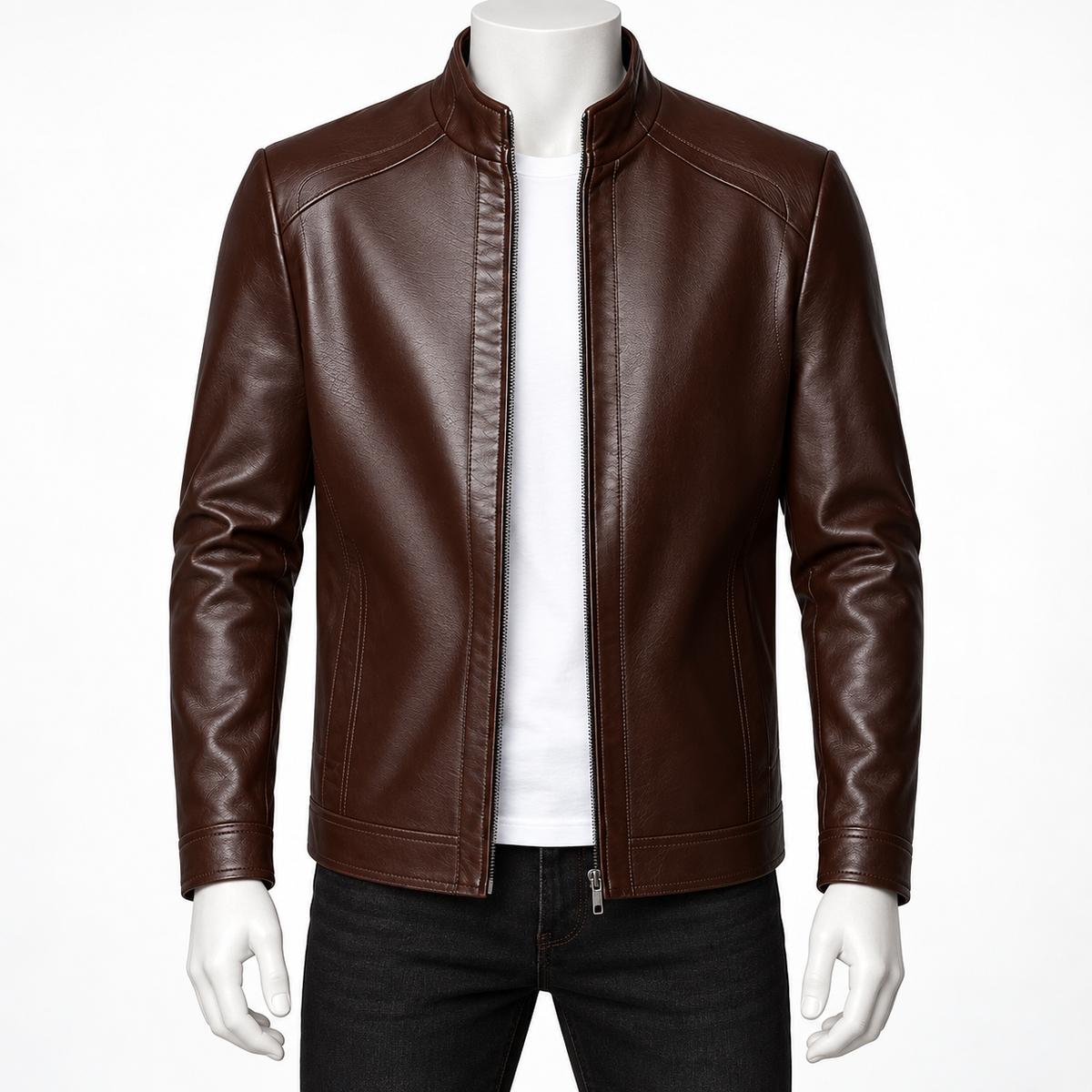 Dark Brown - A dark brown faux-leather jacket with a stand collar, displayed on a white mannequin torso over a white t-shirt and black jeans against a plain white background.